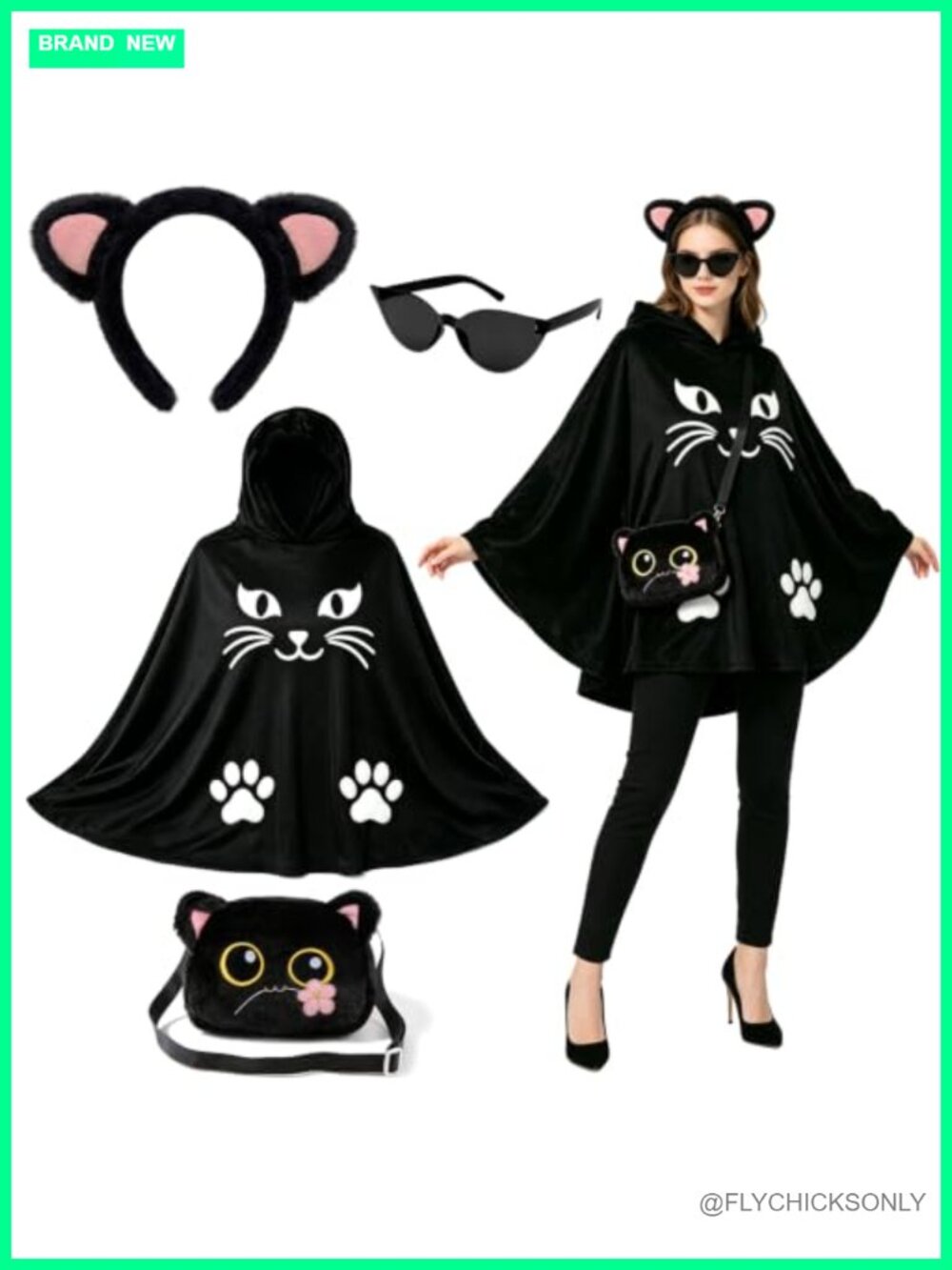 Women's Black Cat Costume Set with Cape, Ears, Bag & Sunglasses - Halloween